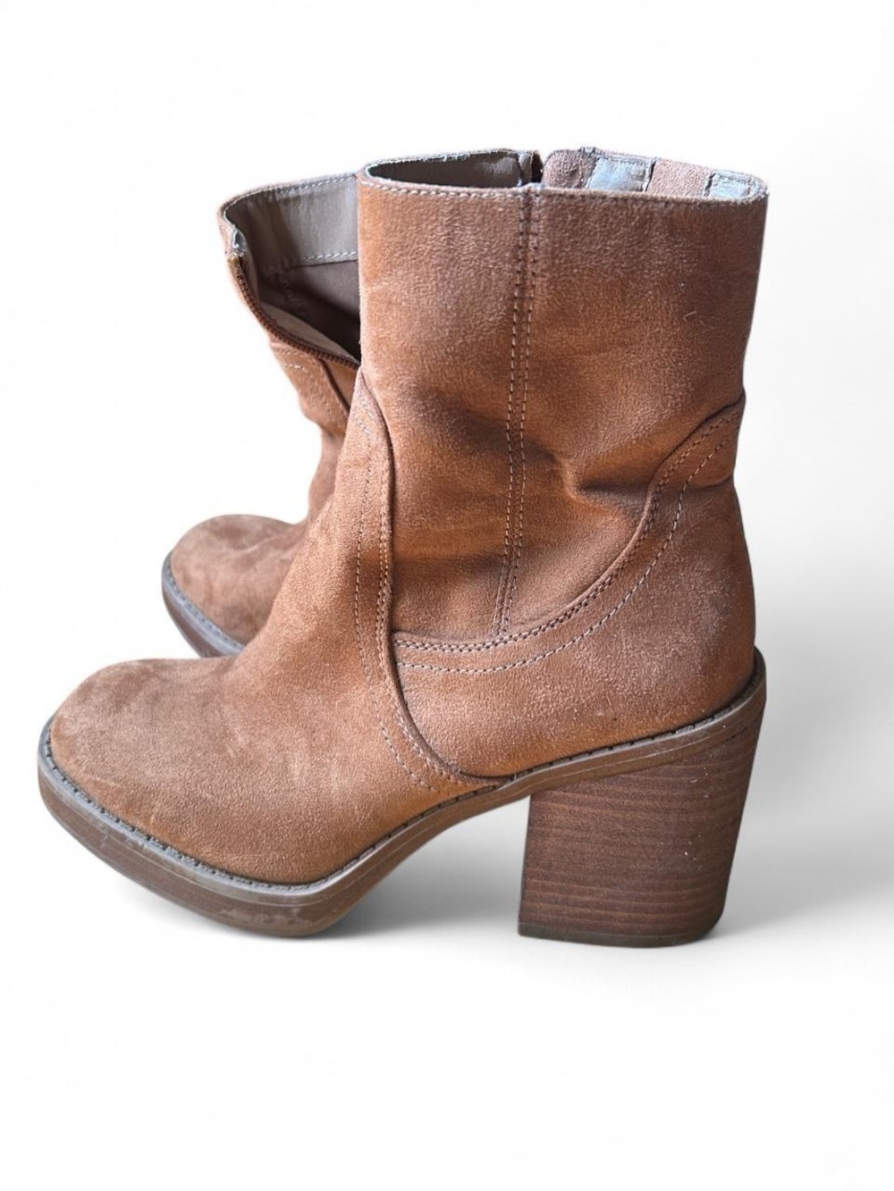 Brown Faux Suede Western Ankle Boots Block Heel Slouchy Minimalist Indie Boho 6